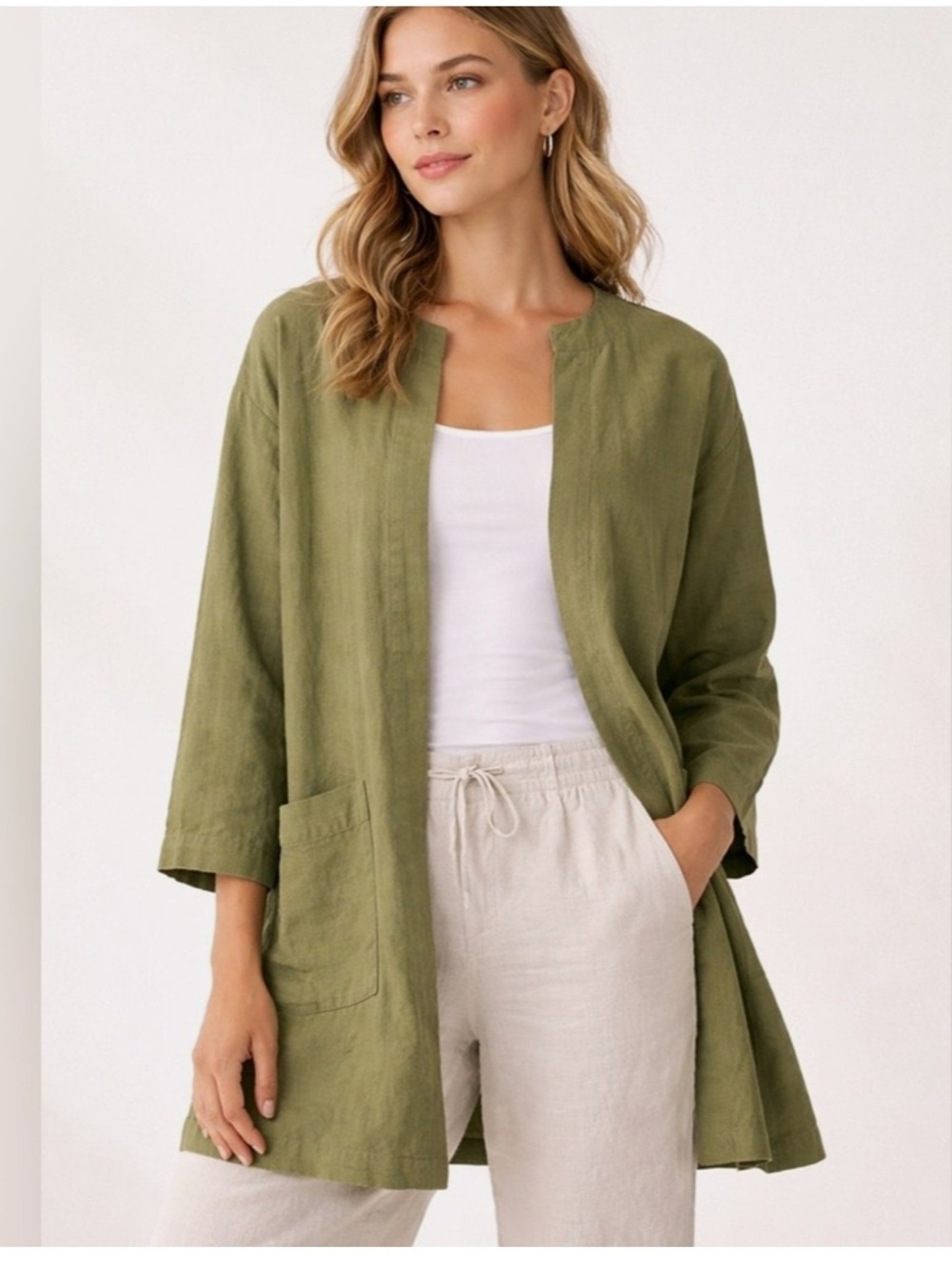 Eileen Fisher Organic Cotton Open Front Jacket S Green